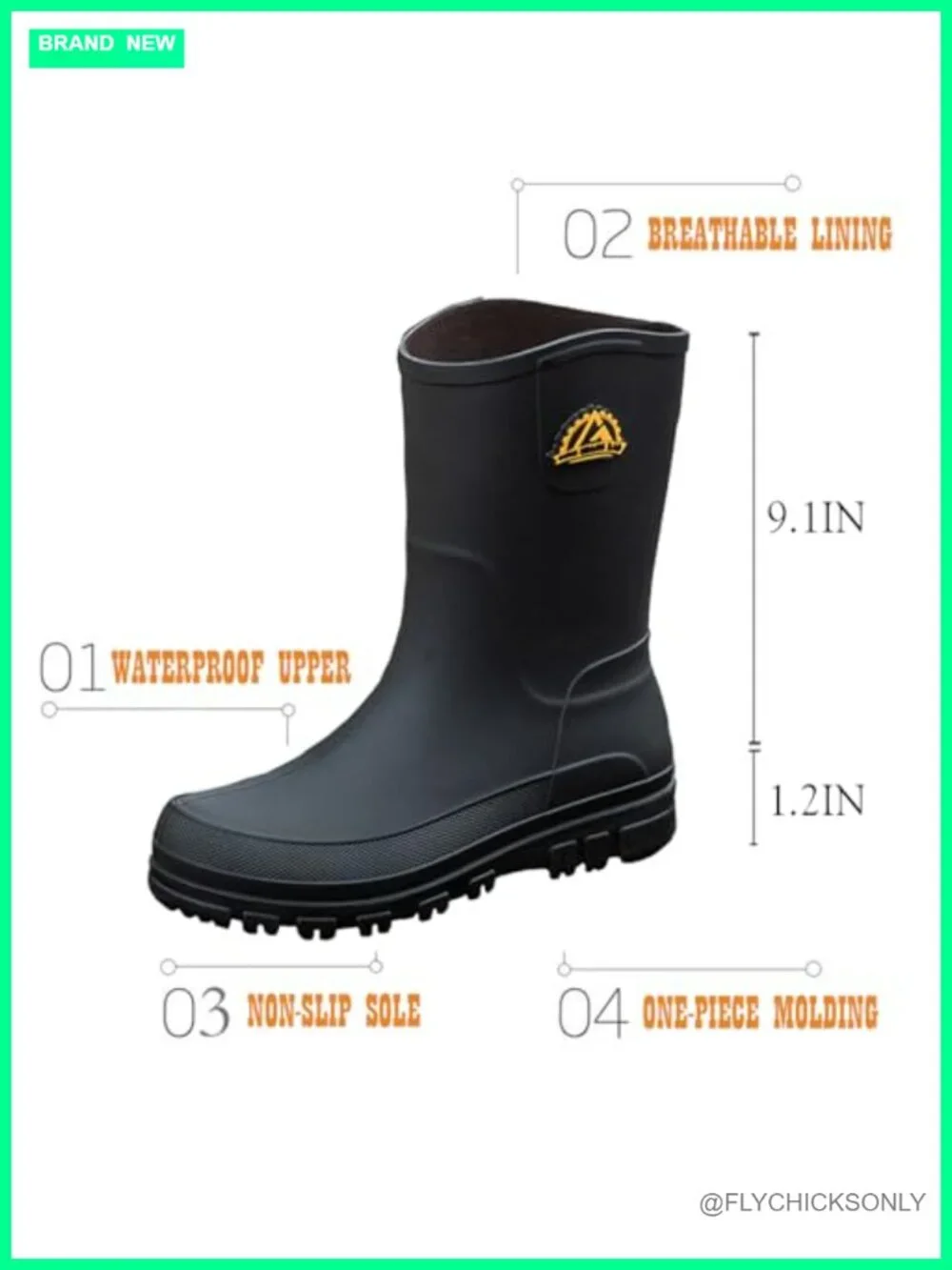 Men's Waterproof Rain Boots Lightweight Mid Calf Outdoor Slip Resistant